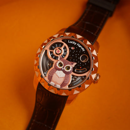LUCKY HARVEY Rose Gold Blinking Eyes Owl Automatic - Horology Story Youtube Store
