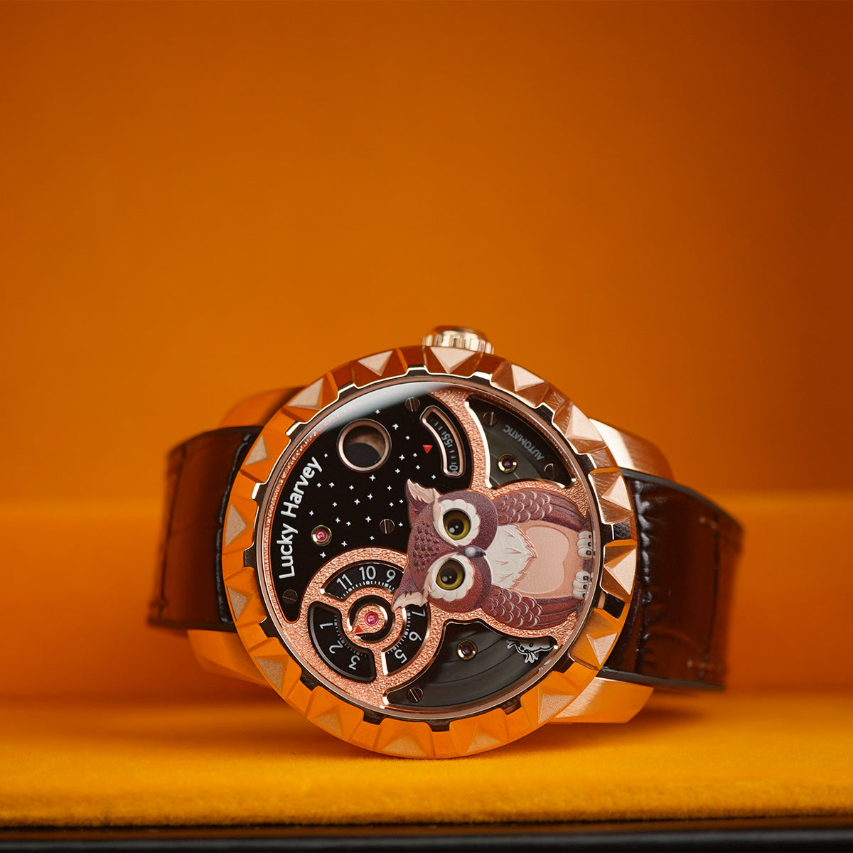 LUCKY HARVEY Rose Gold Blinking Eyes Owl Automatic - Horology Story Youtube Store