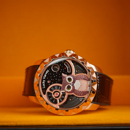 LUCKY HARVEY Rose Gold Blinking Eyes Owl Automatic - Horology Story Youtube Store