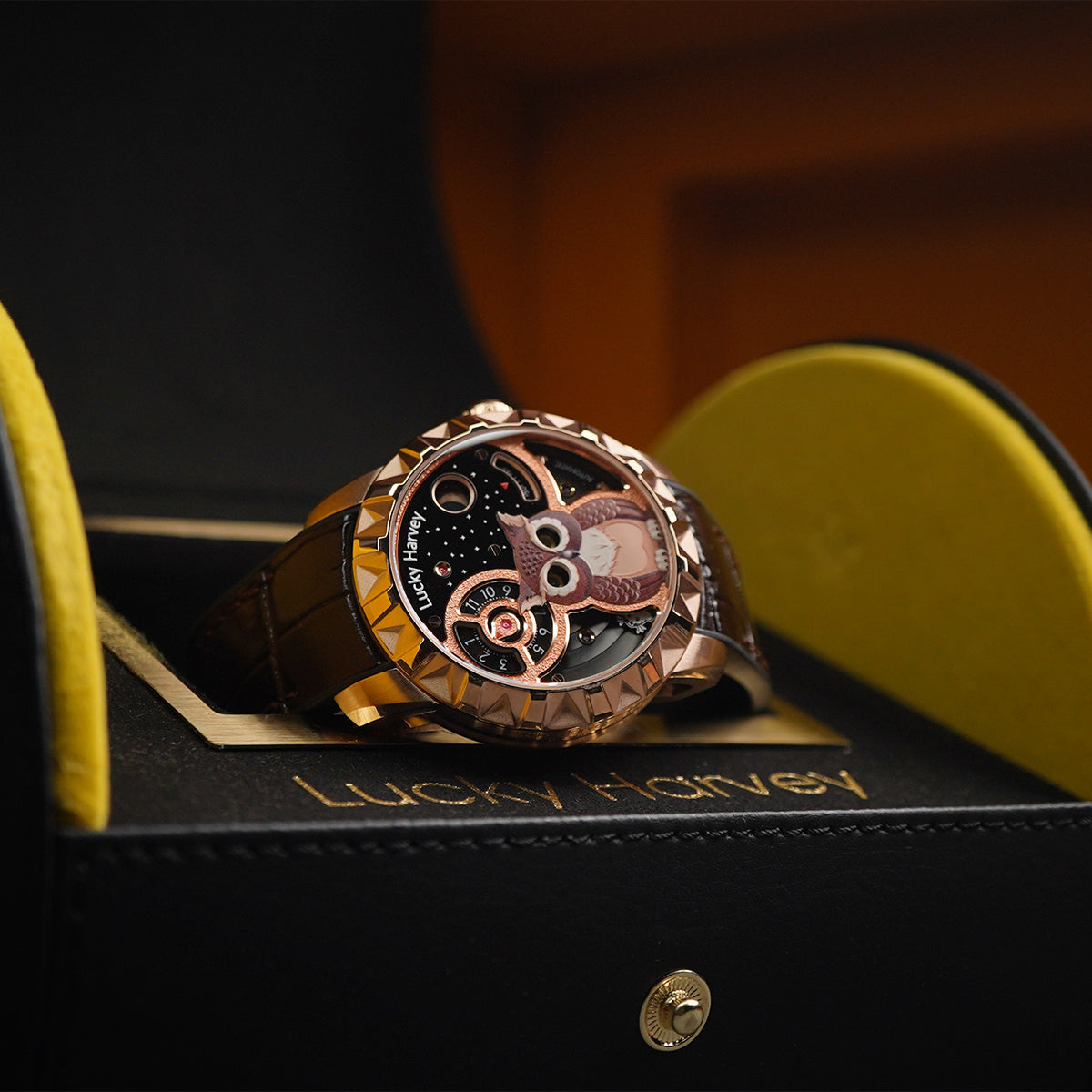 LUCKY HARVEY Rose Gold Blinking Eyes Owl Automatic - Horology Story Youtube Store