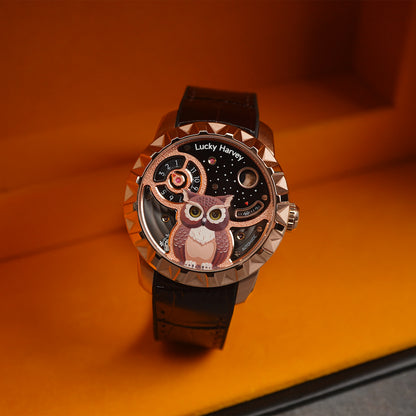 LUCKY HARVEY Rose Gold Blinking Eyes Owl Automatic - Horology Story Youtube Store