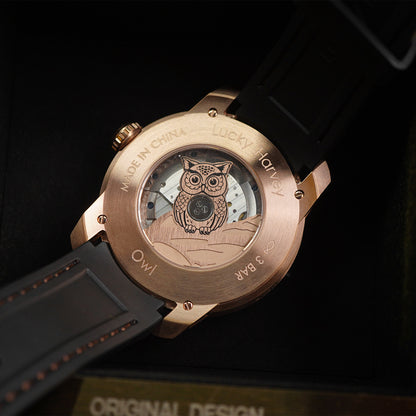 LUCKY HARVEY Rose Gold Blinking Eyes Owl Automatic - Horology Story Youtube Store