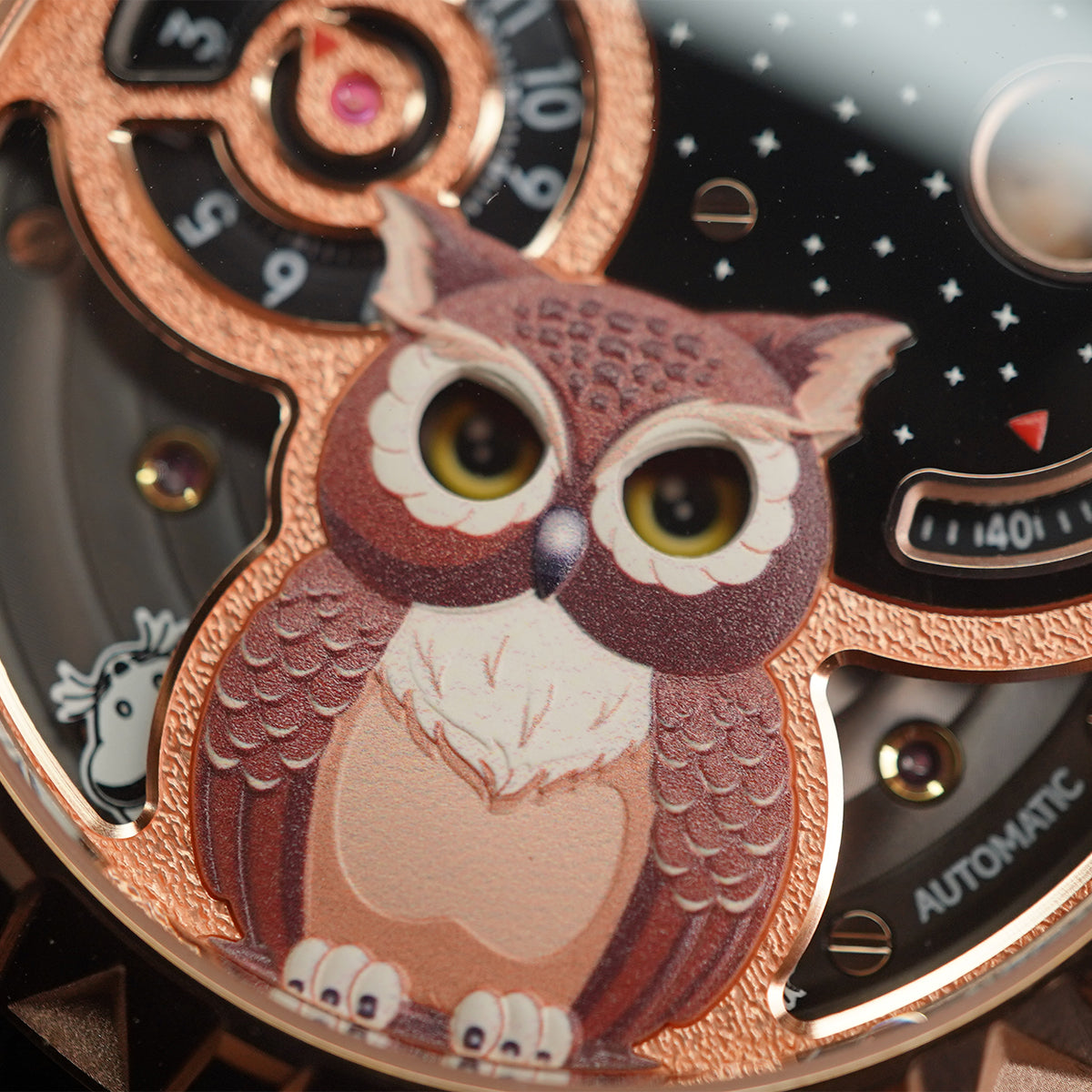 LUCKY HARVEY Rose Gold Blinking Eyes Owl Automatic - Horology Story Youtube Store