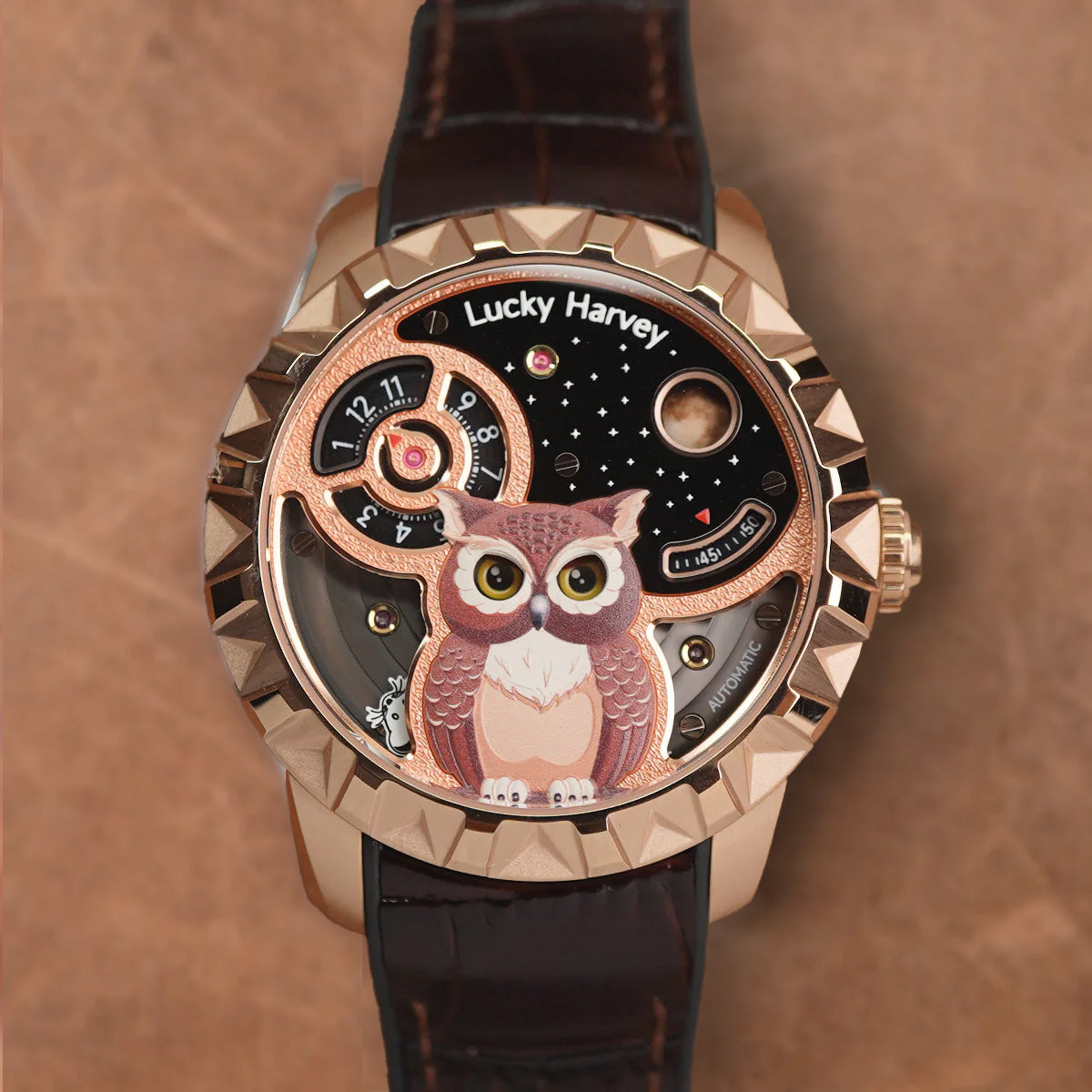 LUCKY HARVEY Rose Gold Blinking Eyes Owl Automatic - Horology Story Youtube Store