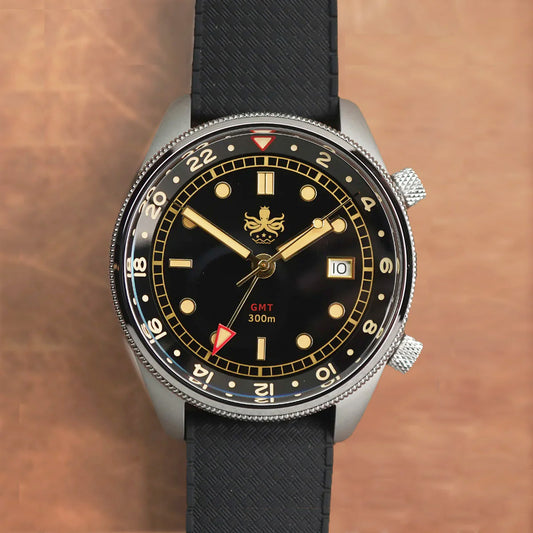 Phoibos Eagle Ray 300m Super Compressor GMT PX023D Black Gold - Horology Story Youtube Store