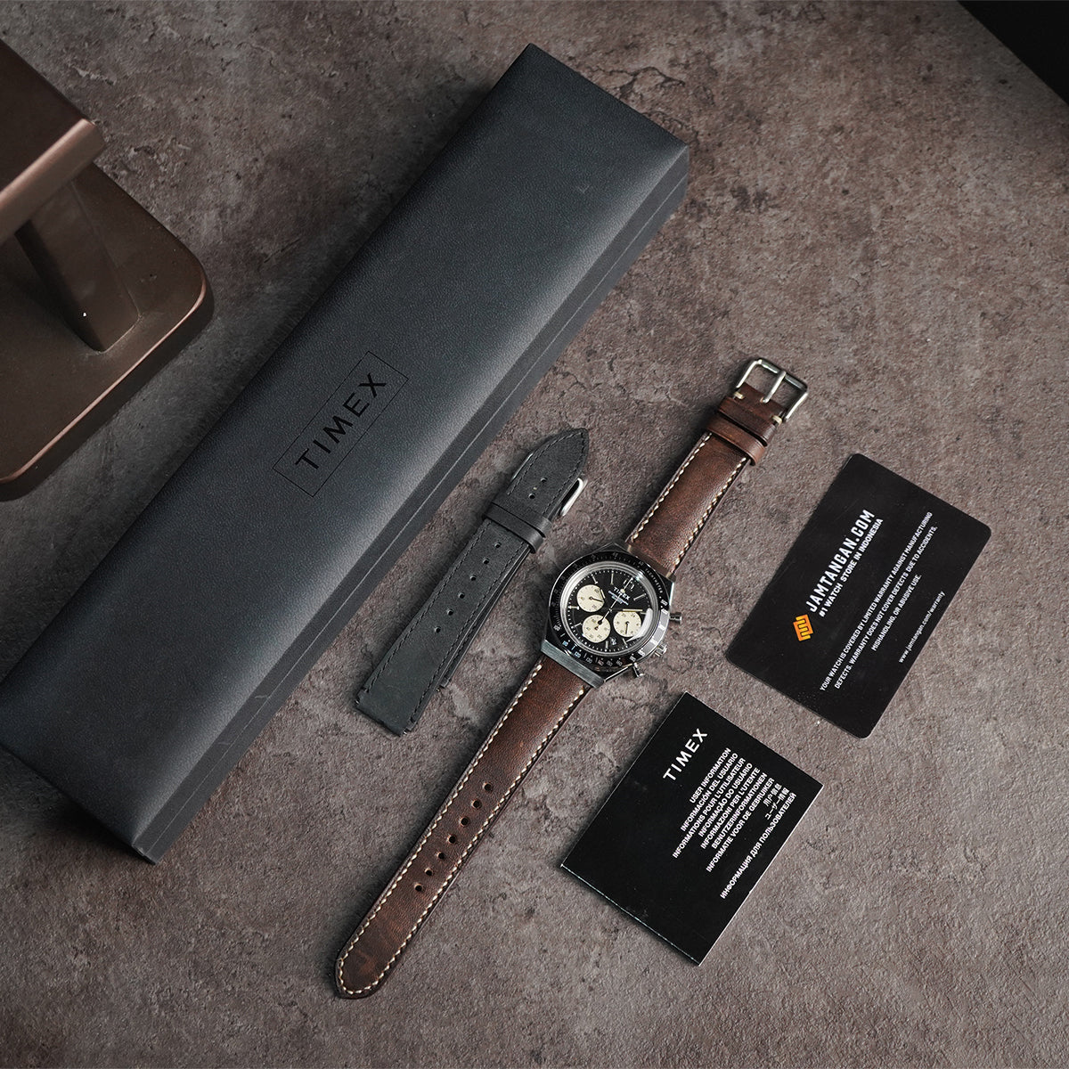 Timex Q TW2V42700 Panda Chronograph Black Dial Black Leather Strap