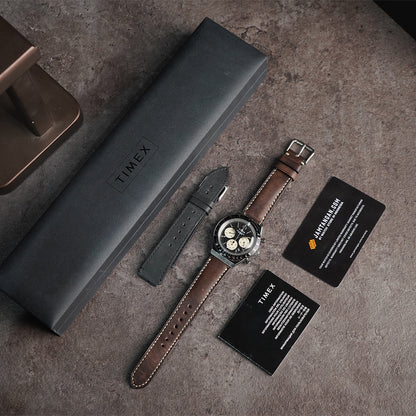 Timex Q TW2V42700 Panda Chronograph Black Dial Black Leather Strap