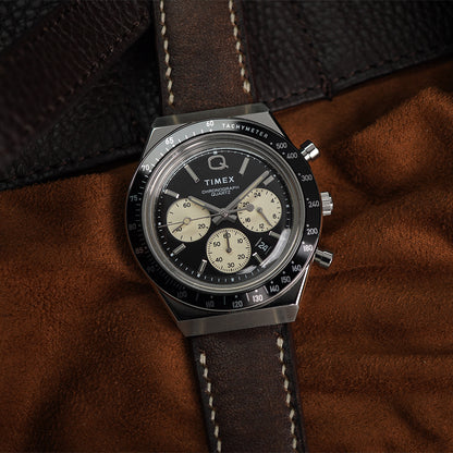 Timex Q TW2V42700 Panda Chronograph Black Dial Black Leather Strap