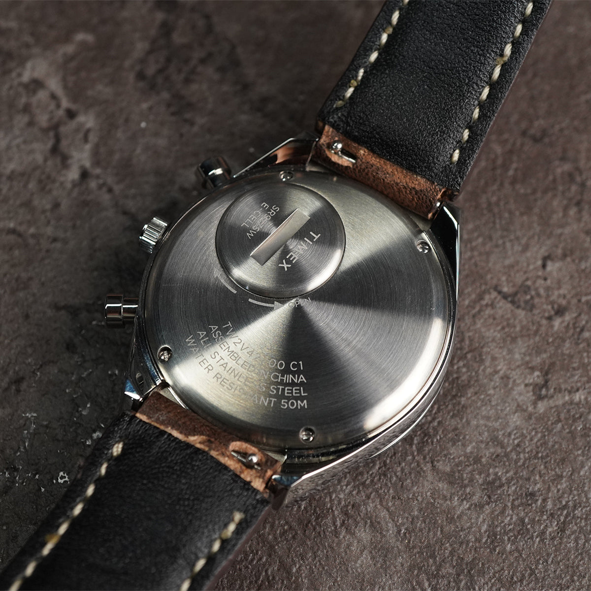 Timex Q TW2V42700 Panda Chronograph Black Dial Black Leather Strap