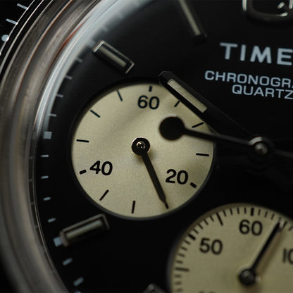 Timex Q TW2V42700 Panda Chronograph Black Dial Black Leather Strap