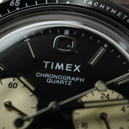 Timex Q TW2V42700 Panda Chronograph Black Dial Black Leather Strap