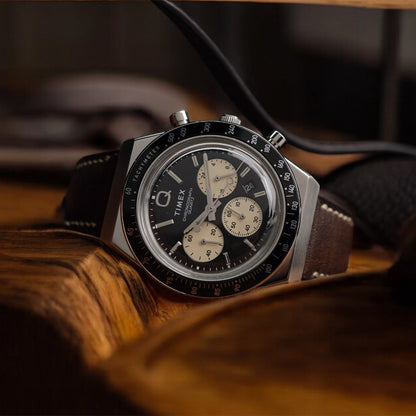 Timex Q TW2V42700 Panda Chronograph Black Dial Black Leather Strap