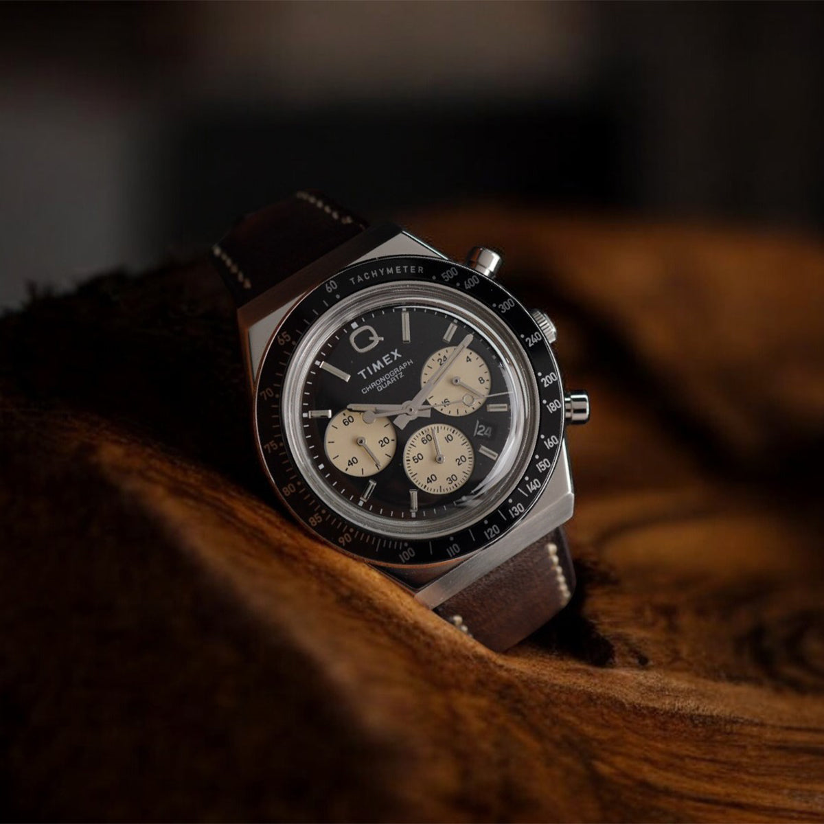 Timex Q TW2V42700 Panda Chronograph Black Dial Black Leather Strap