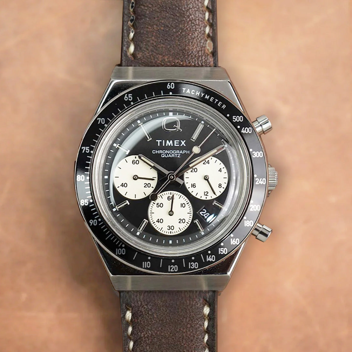 Timex Q TW2V42700 Panda Chronograph Black Dial Black Leather Strap